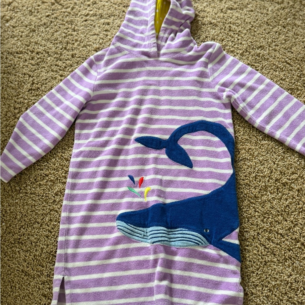 Mini Boden Lavender and White Striped Hooded Swim Coverup with Blue Whale